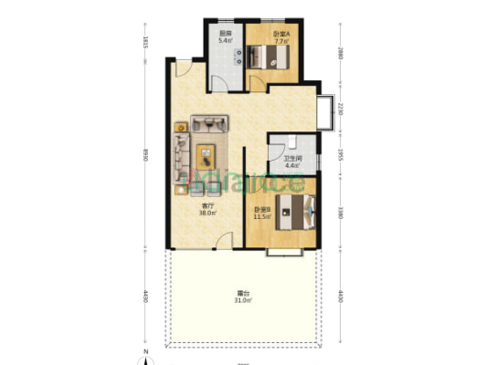 桃源新都孔雀城 3室1厅 南 北-户型图