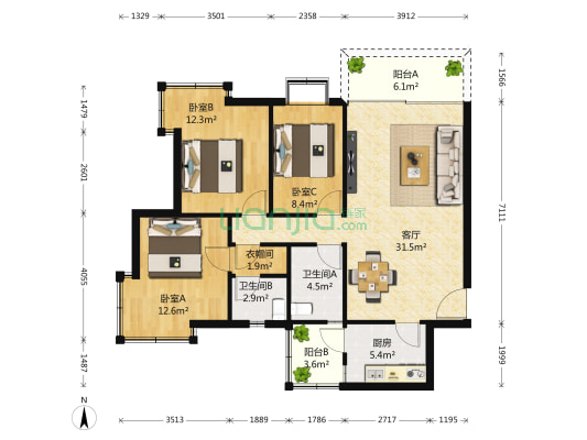 雨田村二期 3室1厅2卫 97平方