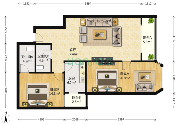 芳林苑 2室1厅2卫 128㎡ 户型