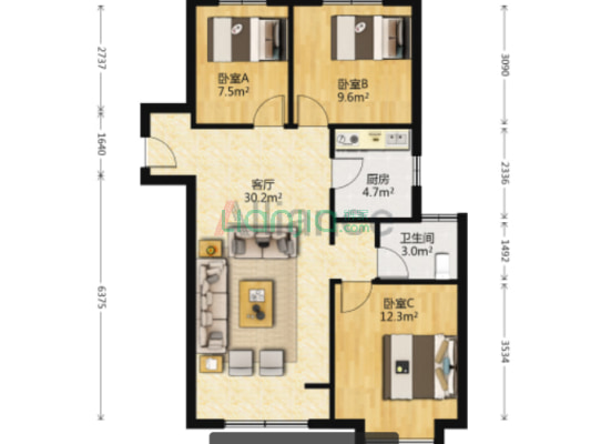 鸿坤理想尔湾 3室2厅 南 北-户型图