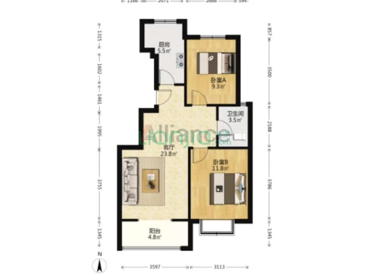 天地新城 2室1厅 南 北-户型图