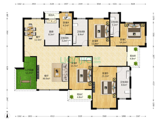 良渚文化村竹径茶语 5室2厅4卫 217平方