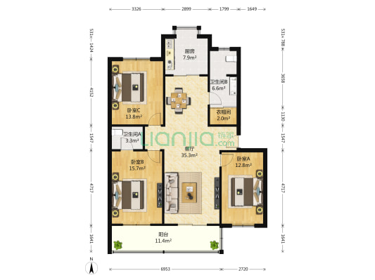 冀兴花园 3室1厅2卫 139平方