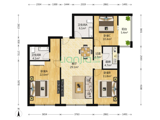 山海云天 3室1厅2卫 134平方