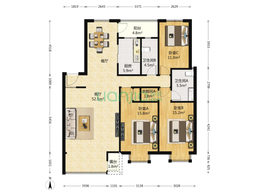 新希望花园 3室1厅2卫 146平方