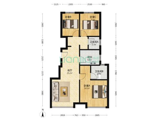 本房是经典的四叶草户型，南北三通透，双明卫，好楼层-户型图