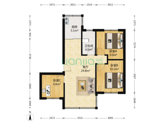 招北小区 3室1厅1卫 77平方