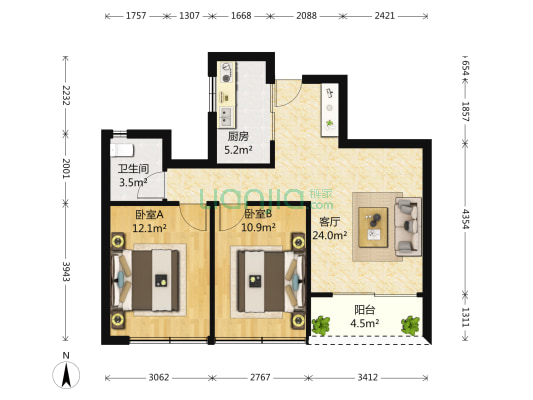 绿城明月江南 2室1厅1卫 89平方