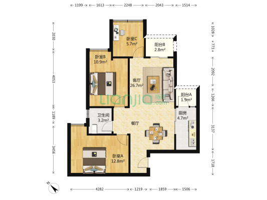 融创凡尔赛领馆四期 3室1厅1卫 85平方