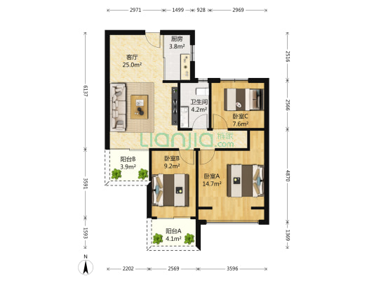 朗诗未来街区 3室1厅1卫 87平方