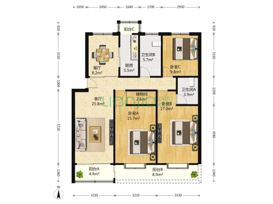 新锦港花园 3室2厅2卫 139平方