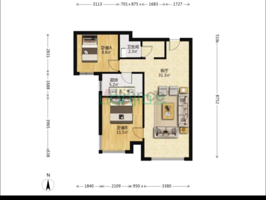 三利中和城一期 2室2厅 南-户型图