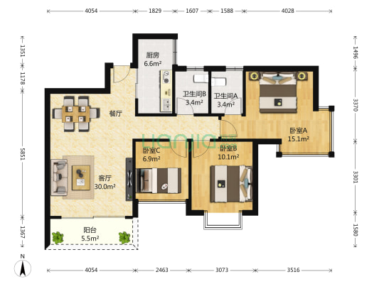 新天地 3室1厅2卫 106平方