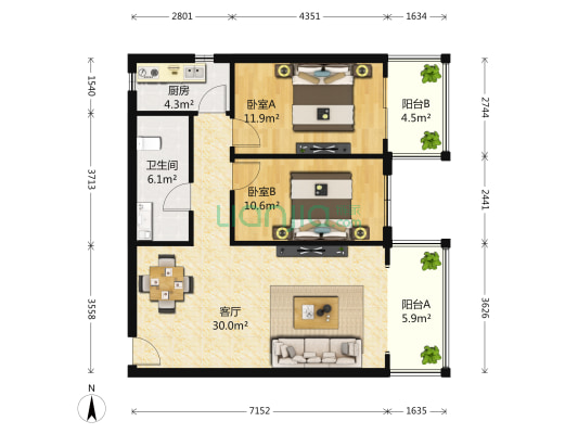 金牛幸福时光 2室1厅1卫 88平方