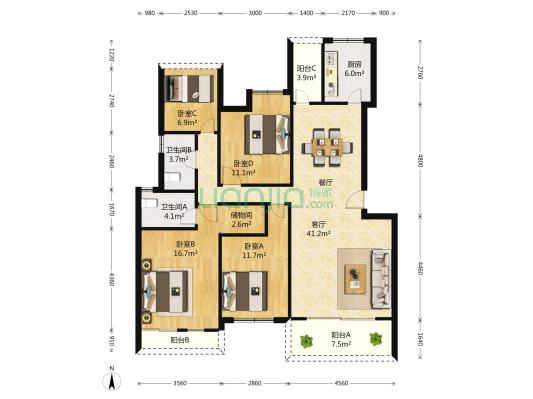 南山金城1958 4室1厅2卫 130平方