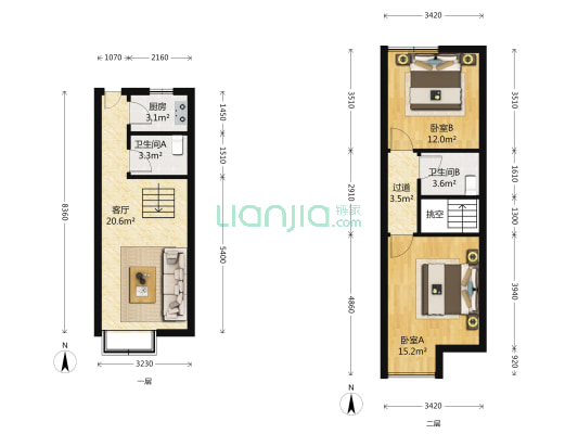上城 2室1厅2卫 45平方