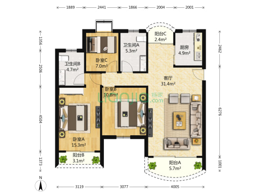 向南西海花园 3室1厅2卫 114平方