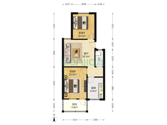 冉屯北路6-9号 2室1厅1卫 71平方