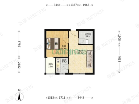 西丁双塔区 正规朝南一居中间楼层-户型图