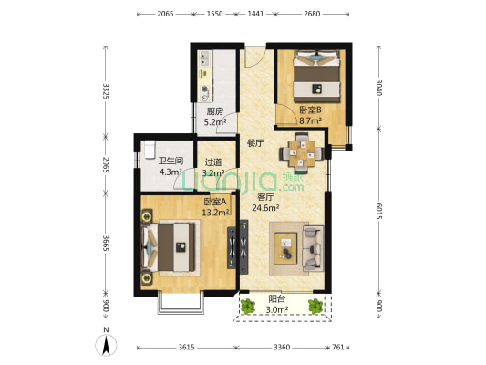 鸿基橄榄君庭 2室1厅1卫 80平方