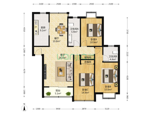 金榜家园 3室2厅2卫 128平方