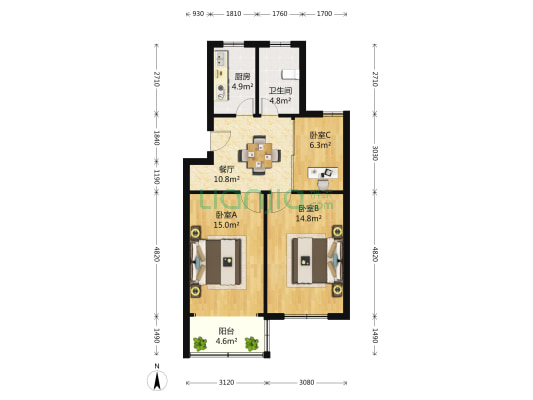 绿翡翠家园 3室1厅1卫 85平方