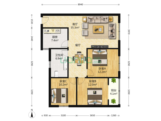 阳光大厦(普陀) 3室2厅1卫 119平方