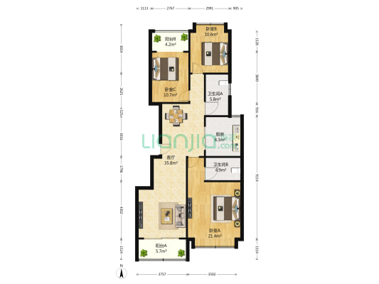 蓝色假日 3室1厅2卫 128平方