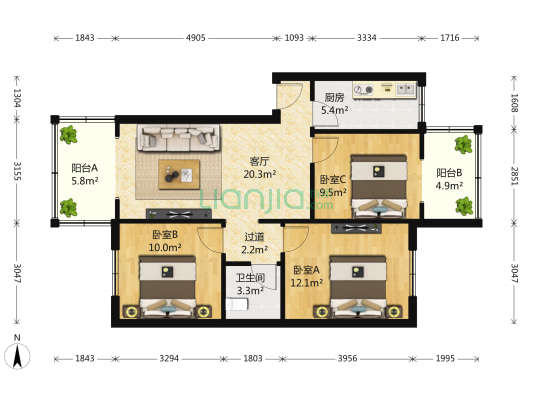 金牛区教师宿舍 3室1厅1卫 92平方
