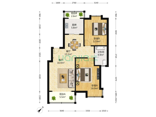 川杨璟苑 2室2厅1卫 103平方