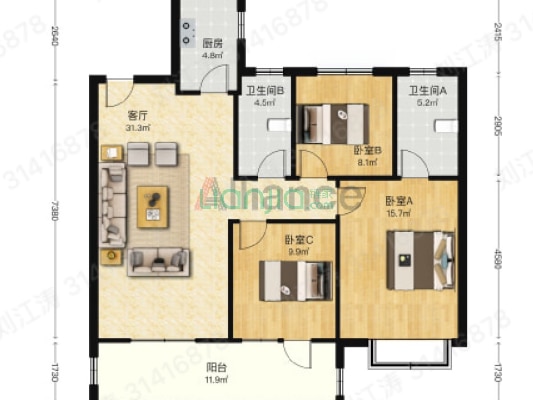 中冶未来城 3室2厅 南 北-户型图