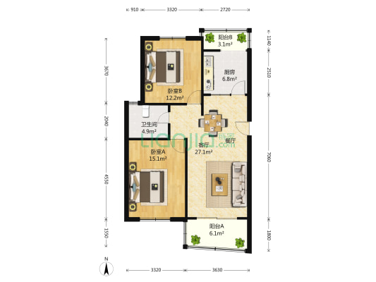 新时代花园 2室1厅1卫 86平方