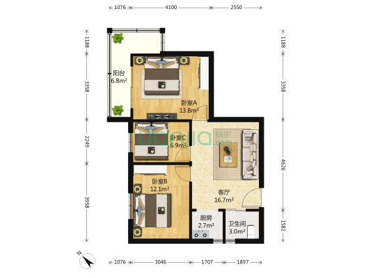 钟阜大厦 3室1厅1卫 91平方