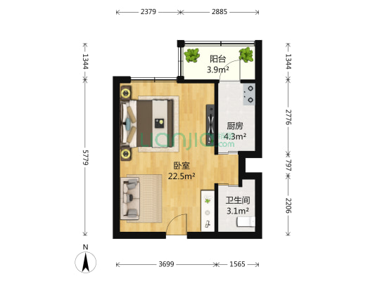 新奥洋房 1室0厅1卫 46平方