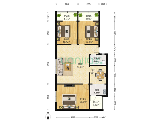 老马路12号 3室2厅1卫 113平方