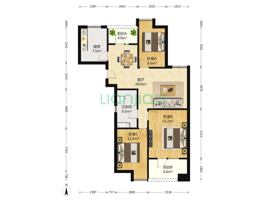 昆仑天籁 3室1厅1卫 105平方