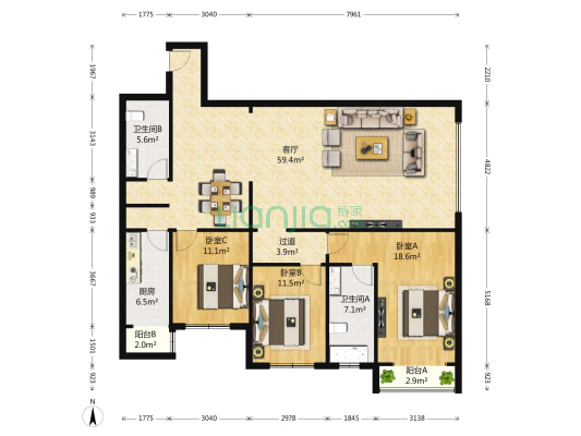 富丽华园 3室1厅2卫 176平方