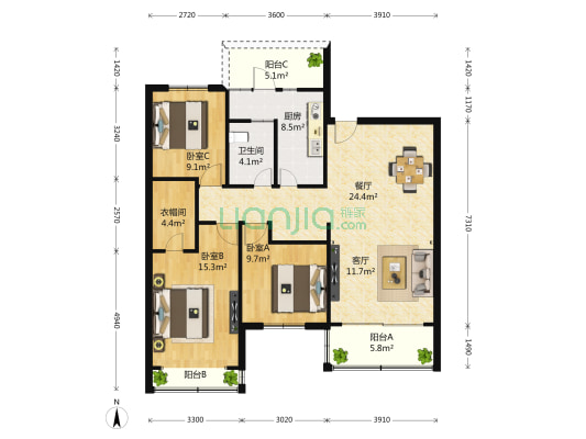 山水苑 3室2厅1卫 128平方