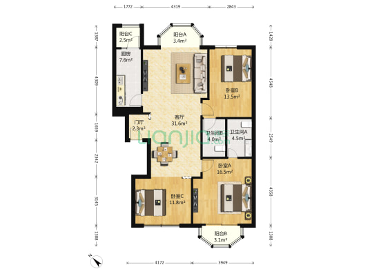 银枫家园 3室1厅2卫 137平方