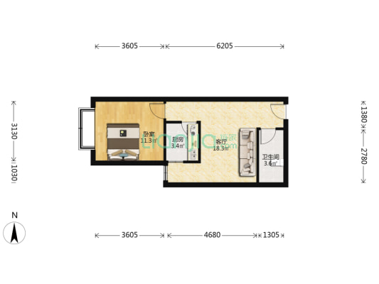 天保郦景 1室1厅 西-户型图