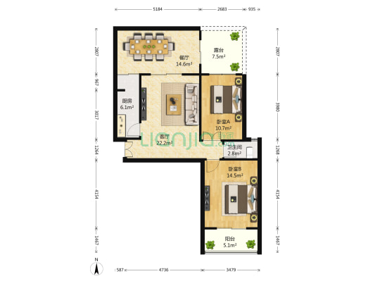 凤凰城家家景园三期 2室2厅1卫 77平方
