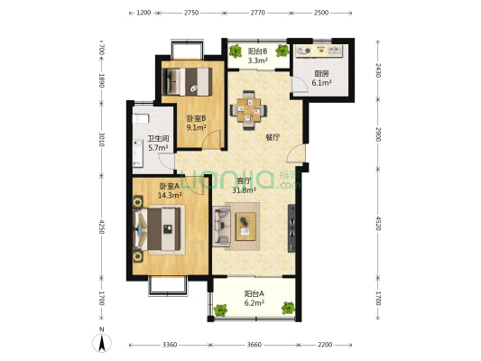 九亭明珠苑(公寓) 2室2厅1卫 103平方