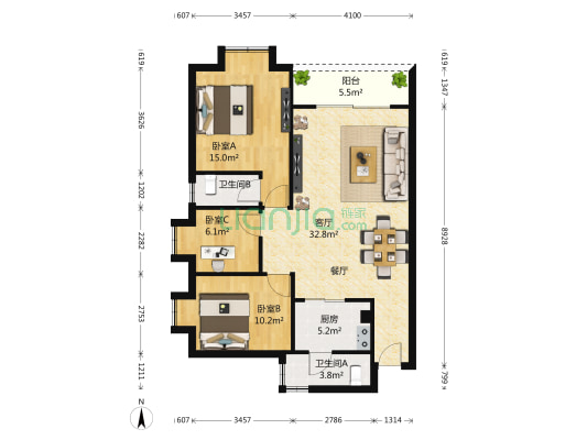 国泰豪园 3室1厅2卫 97平方