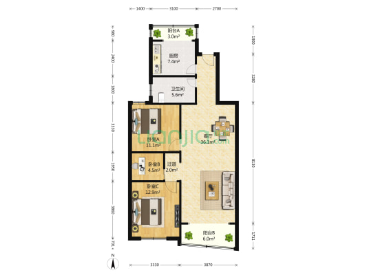 汇元坊 3室2厅1卫 107平方