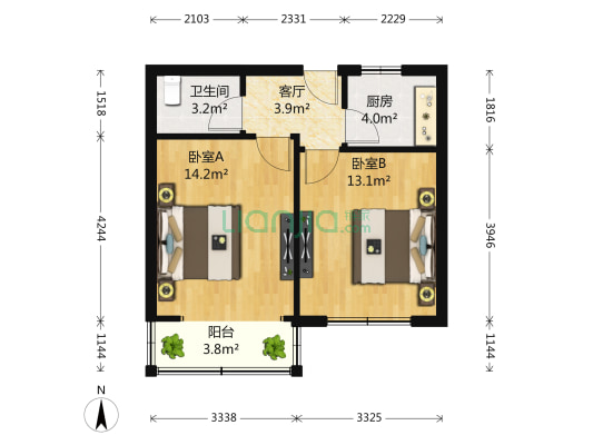 和谐家园(市南) 2室1厅1卫 54平方