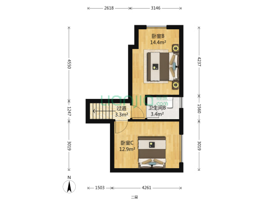 观音桥商圈旁次新小区精装3房3D户型卧室可看江-户型图