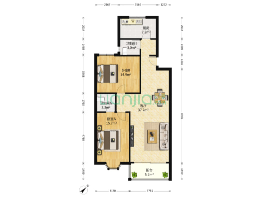 怡青园 2室1厅2卫 109平方