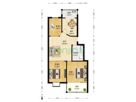 佳隆花园 3室2厅1卫 98平方