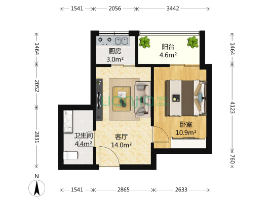 杰座大厦 1室1厅1卫 56平方