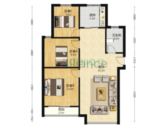卓悦城北京未 2室1厅 南 北-户型图